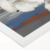 Abstract wall art featuring vibrant strokes and lines in shades of blue, orange, and yellow, presented on rolled canvas, ideal for modern decor.