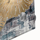 Close-up of an abstract wall art piece featuring colorful strokes and lines, displayed on acrylic glass, emphasizing vibrant textures and modern design elements.