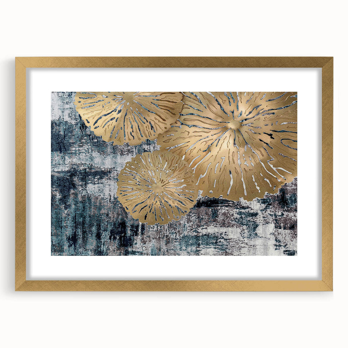 Abstract wall art featuring a modern design with strokes and lines in gold and black, framed with a mat. Ideal for contemporary home decor to enhance living spaces.