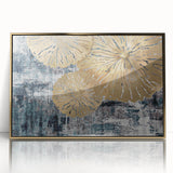 Framed wall art featuring an abstract design of golden strokes and lines against a white background, ideal for modern home decor and artistic interiors.