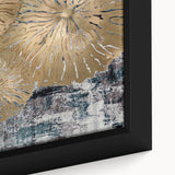 Abstract wall art featuring vibrant strokes and lines in blue, orange, and yellow hues, framed elegantly, showcasing intricate details and textures perfect for modern home decor.