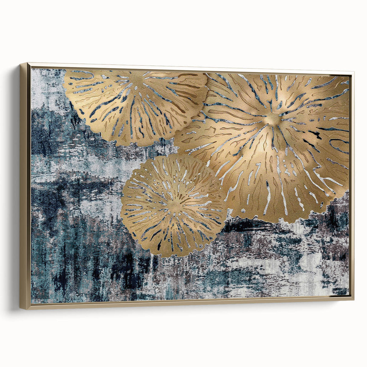 Framed canvas wall art showcasing an abstract design with golden strokes and lines, elegantly displayed from a side view, perfect for modern decor.