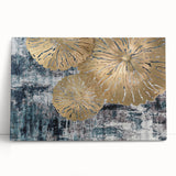Abstract wall art featuring vibrant strokes and lines in blue, yellow, and red colors, presented on a stretched canvas, ideal for modern home decor.