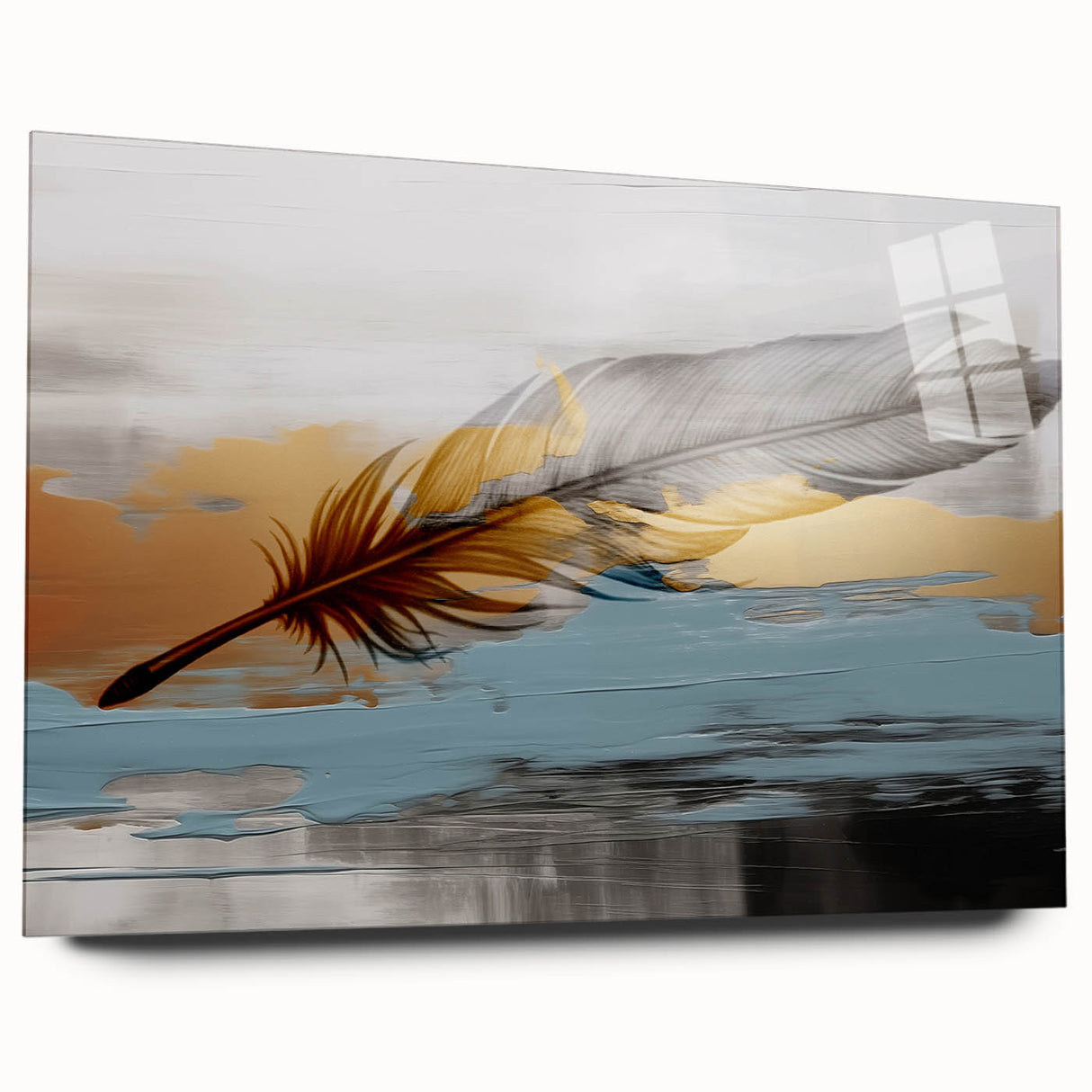 Abstract wall art featuring a vibrant design of overlapping strokes and lines in various shades of blue, orange, and yellow, displayed in a sleek acrylic glass frame. Ideal for modern home decor, adding a dynamic touch to any room.