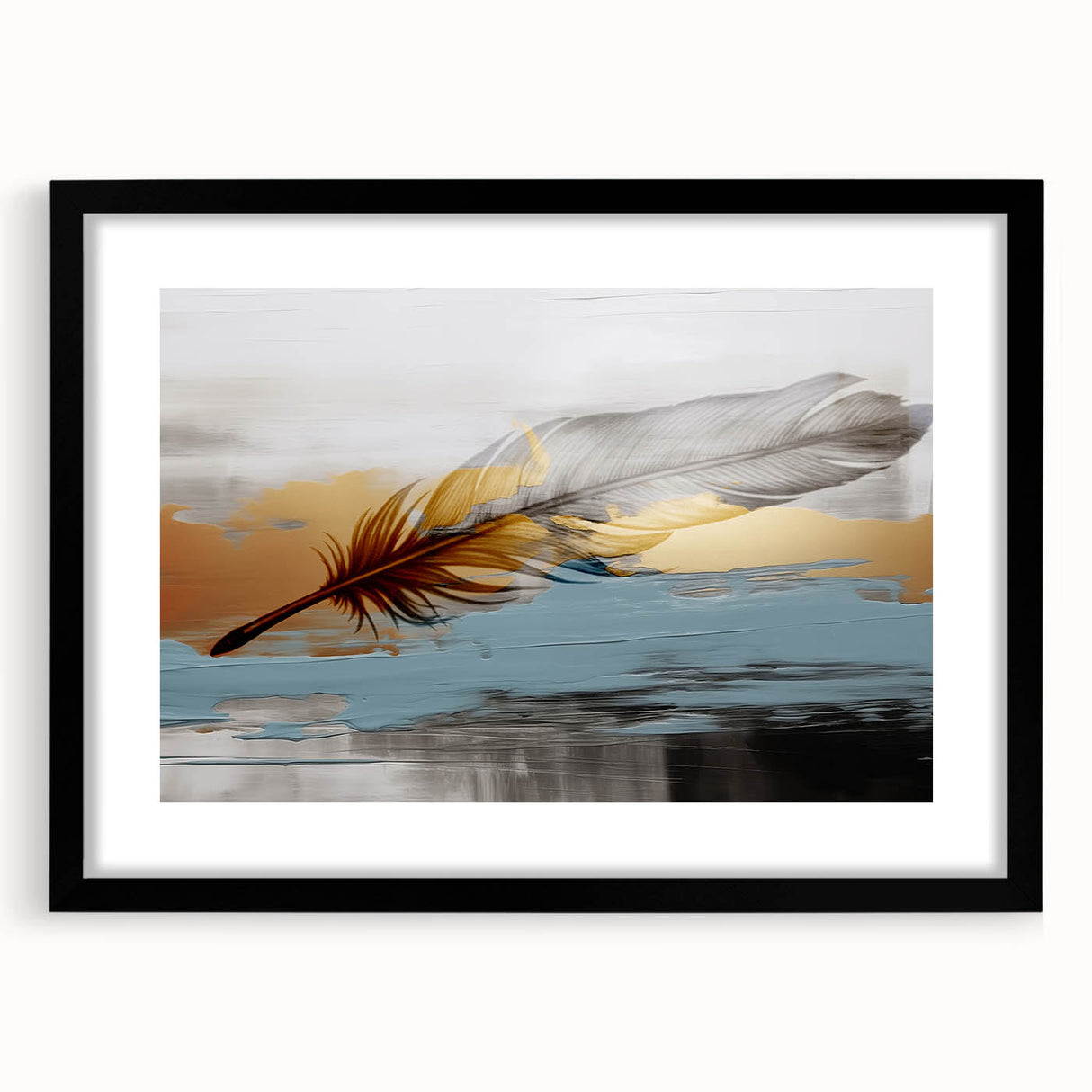 Abstract wall art featuring dynamic strokes and lines in a minimalist design, framed with a matte black border, perfect for modern decor. Ideal for enhancing contemporary living spaces.