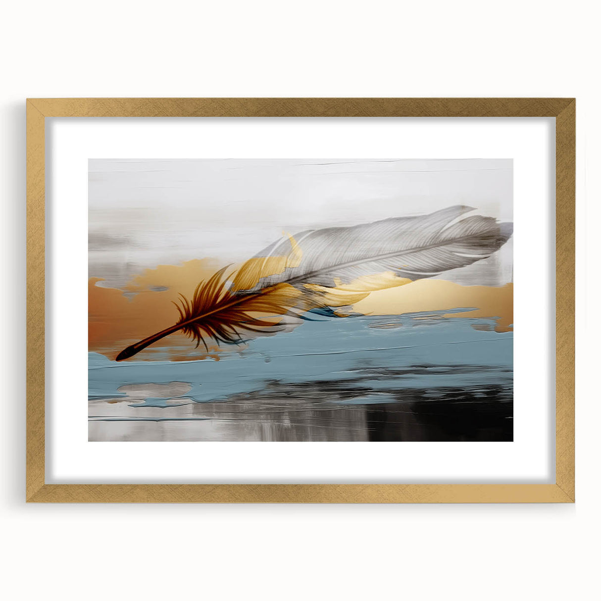 Abstract strokes and lines in a modern wall art design, framed with a gold mat, showcasing a stylish front view perfect for contemporary decor.