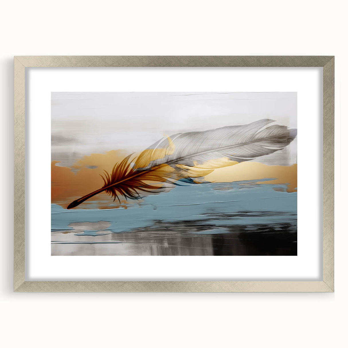 Abstract wall art featuring dynamic strokes and lines in a modern design, framed in silver with a mat, ideal for contemporary interior decoration.