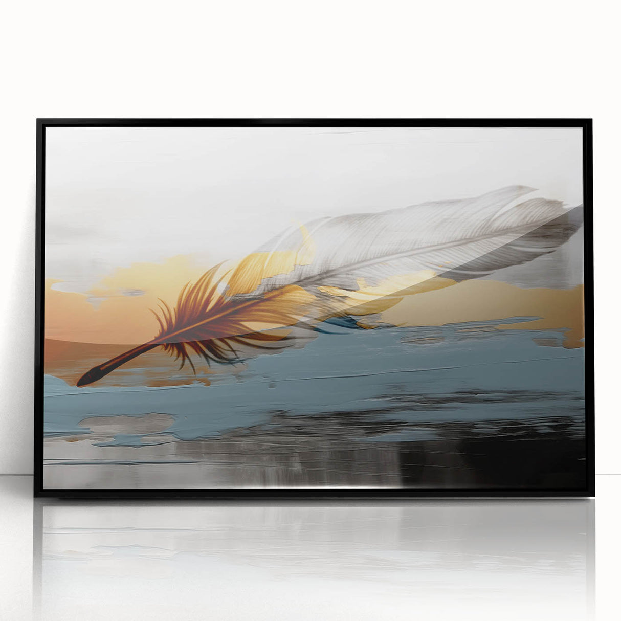 Framed acrylic wall art showcasing an abstract design of vibrant strokes and lines in black and white, perfect for modern home decor, enhancing contemporary spaces.