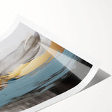 Abstract wall art print showcasing vibrant strokes and lines in shades of blue, orange, and yellow, perfect for modern home decor or office spaces.