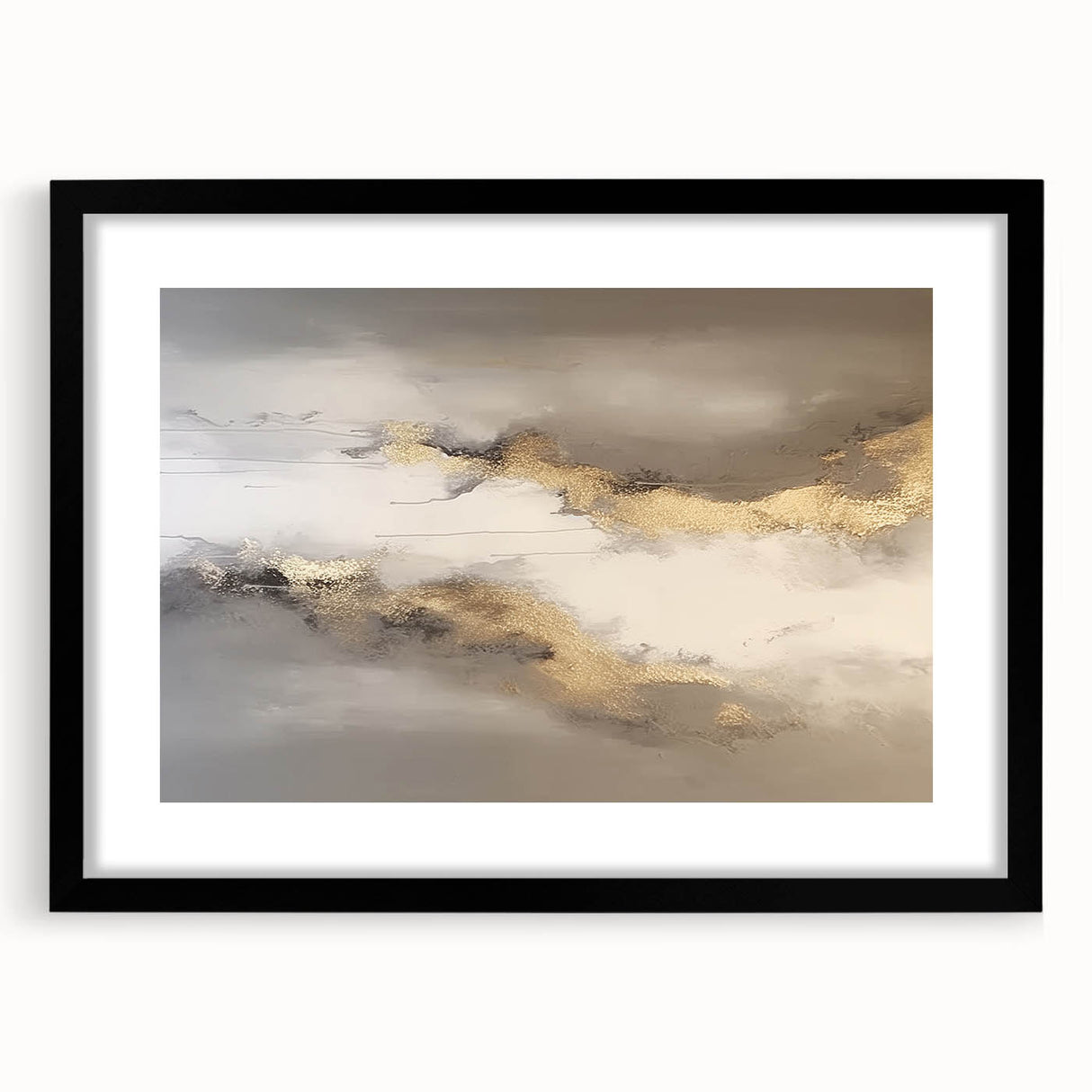 Abstract wall art print showcasing a modern design with colorful strokes and lines, framed in a sleek black frame with a white mat, ideal for contemporary decor.