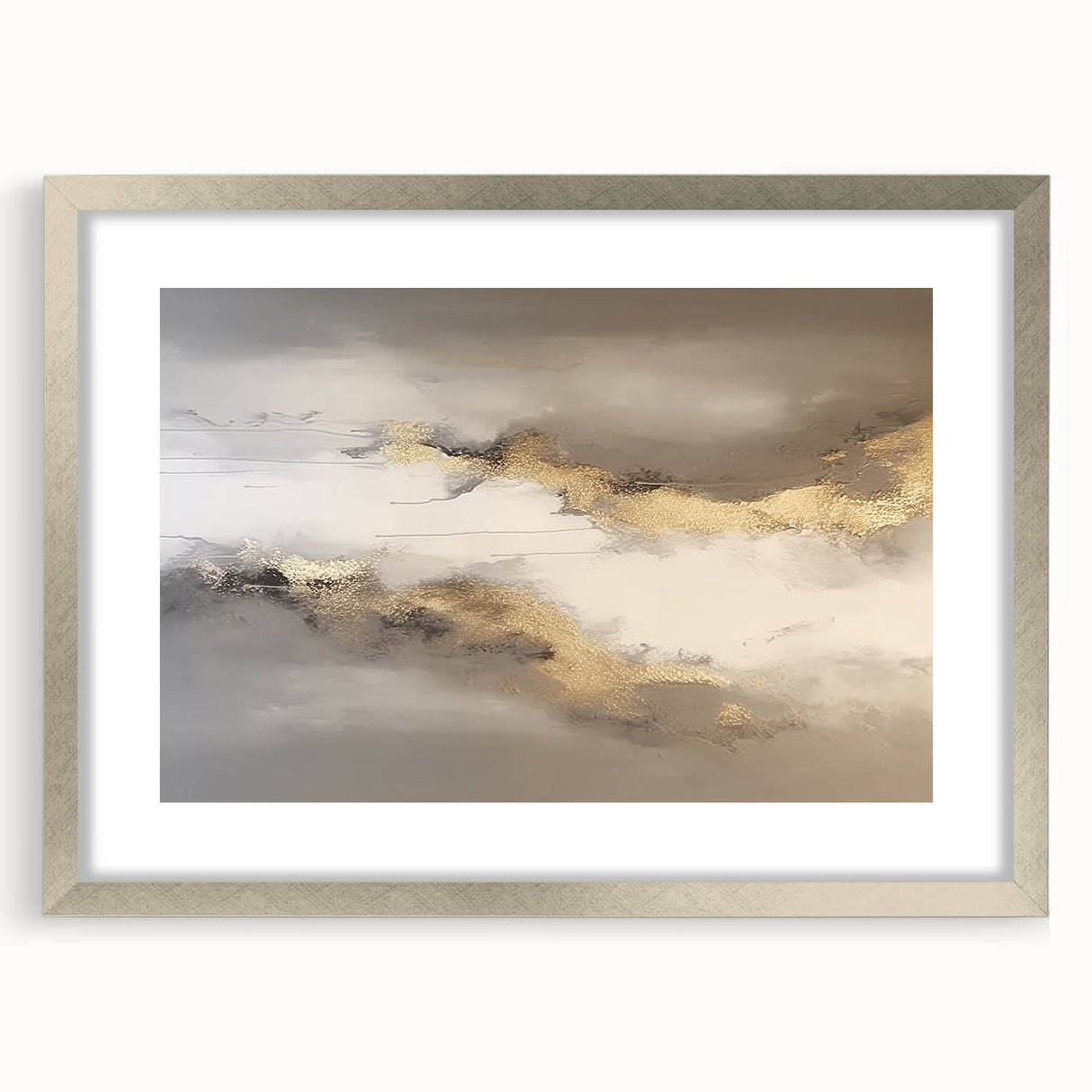 Abstract wall art featuring a modern design of colorful strokes and lines, presented in a sleek silver frame with a mat, ideal for contemporary decor.
