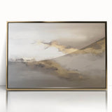 Framed abstract wall art featuring dynamic strokes and lines in gold and neutral tones, ideal for modern decor. Perfect for enhancing living spaces with sophistication.