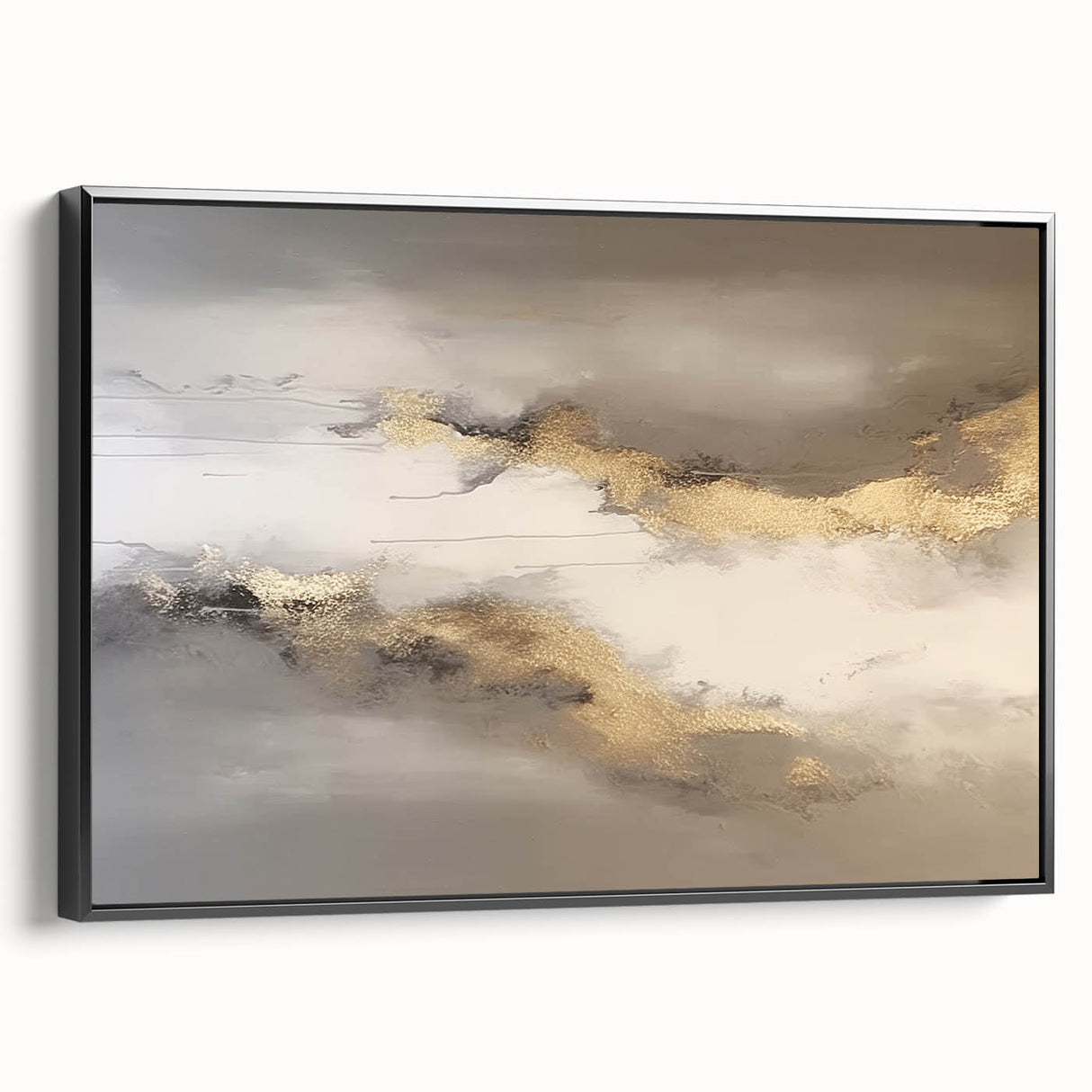 Framed canvas artwork showcasing an abstract design of vibrant strokes and lines in black, perfect for modern home decor. Side view highlights frame details and sleek finish.