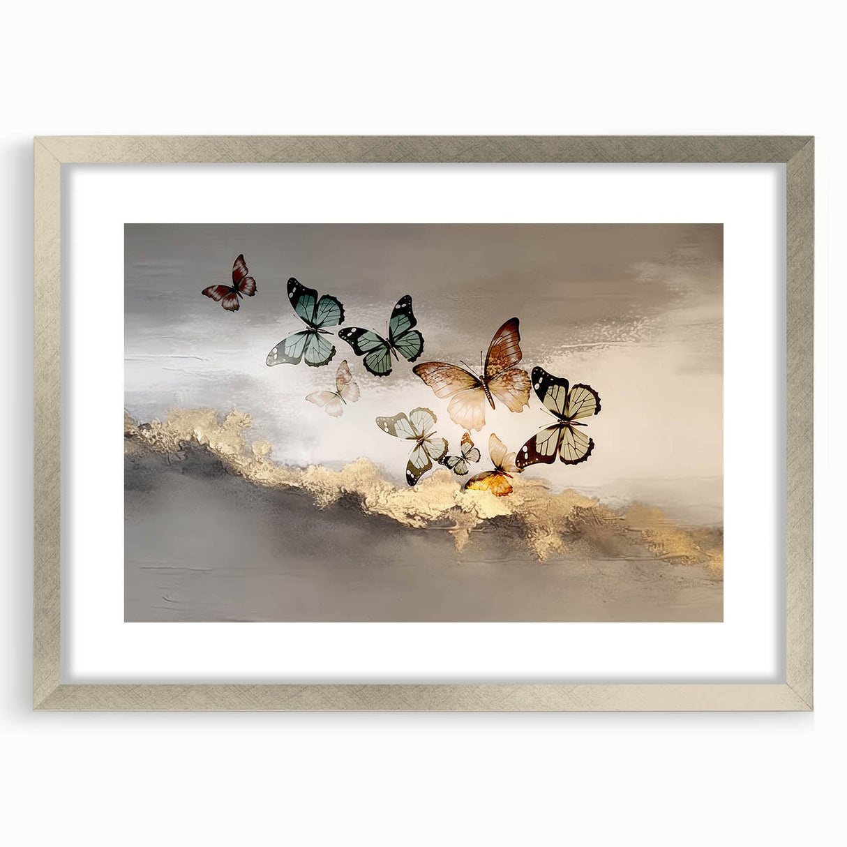 Abstract wall art design featuring colorful strokes and lines in a silver frame with a mat, ideal for modern home decor and artistic interiors.
