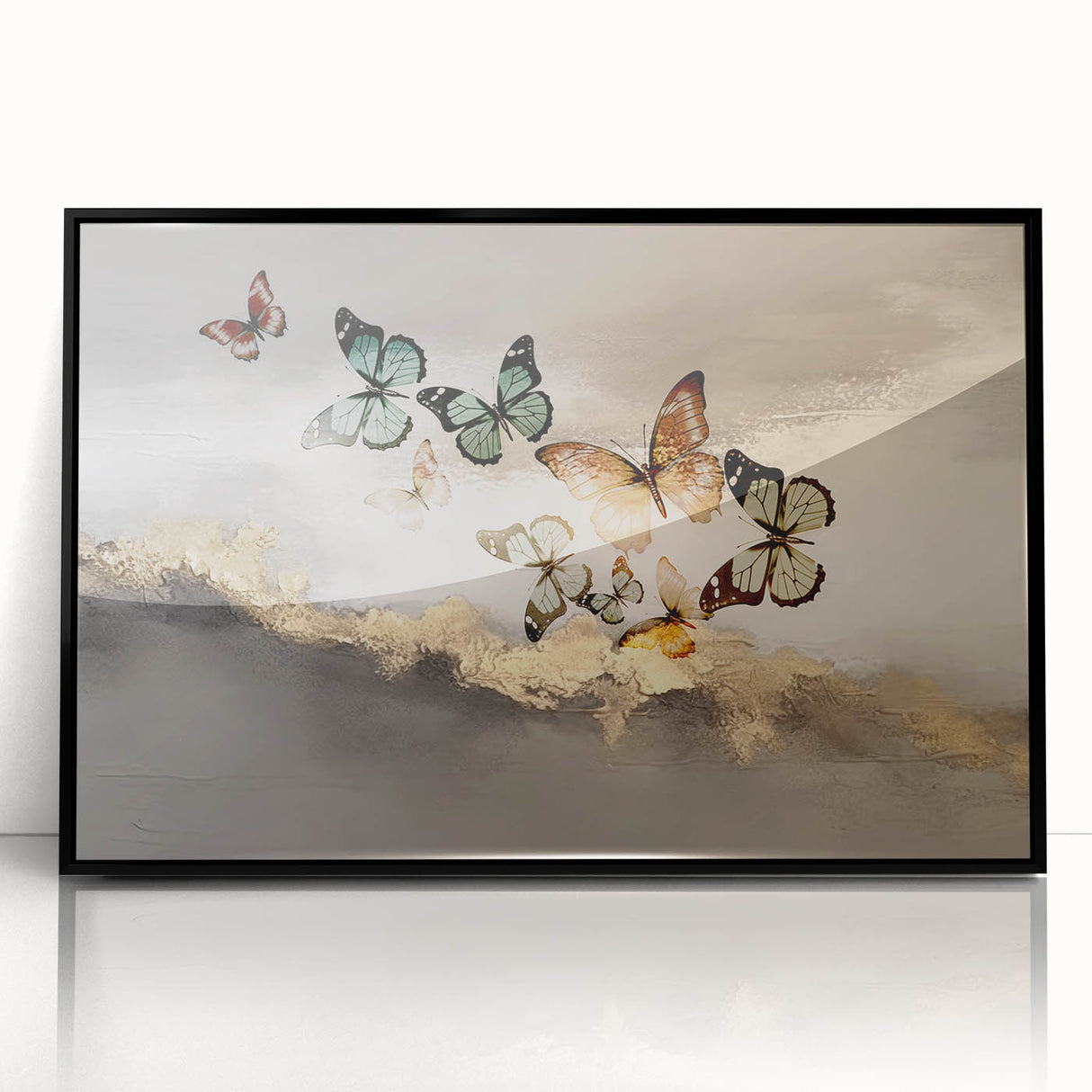 Framed wall art featuring an abstract design with colorful strokes and lines in varying shades of blue, orange, and yellow, set against a sleek black frame, perfect for modern decor.