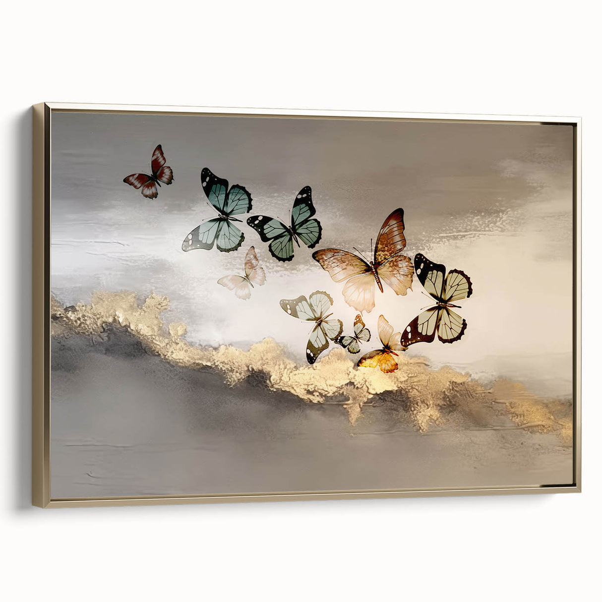 Framed canvas wall art showcasing an abstract design with gold strokes and lines, adding a modern touch to any decor. Viewed from the side, emphasizing its elegant finish.