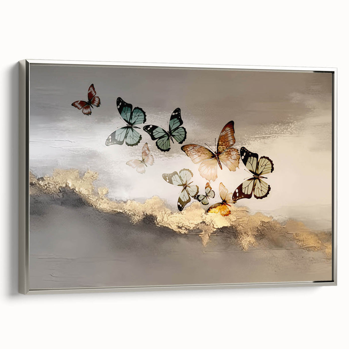 Framed canvas wall art showcasing an abstract design with silver strokes and lines, featuring a modern aesthetic perfect for contemporary decor settings.