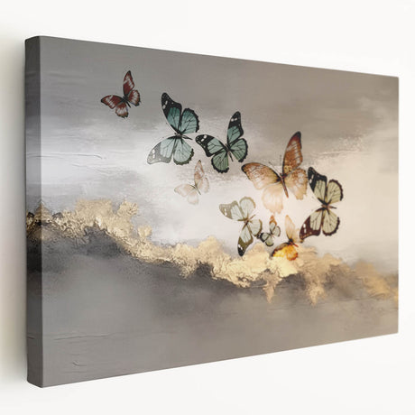 Abstract strokes and lines design in vibrant colors on a stretched canvas, showcasing a modern wall art collection with a side view highlighting texture and depth.