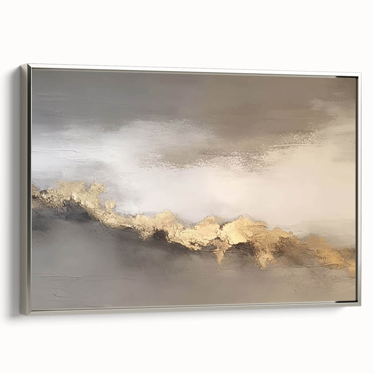 Framed canvas wall art showcasing an abstract design of strokes and lines in silver tones, adding a modern touch to home decor. Ideal for contemporary interiors.