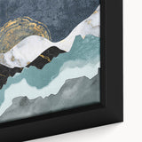 Close-up of a framed canvas wall art featuring an abstract design with colorful strokes and lines, showcasing vibrant hues of blue, red, and yellow, perfect for modern decor.