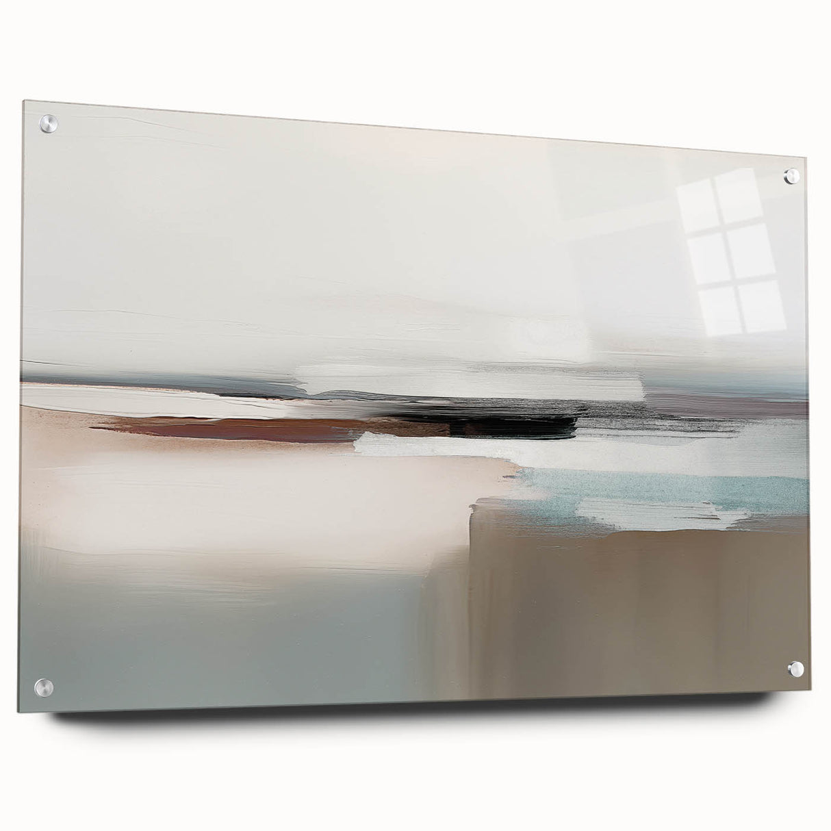 Abstract wall art featuring colorful strokes and lines, displayed in a sleek acrylic frame with mounting pins, ideal for modern decor.