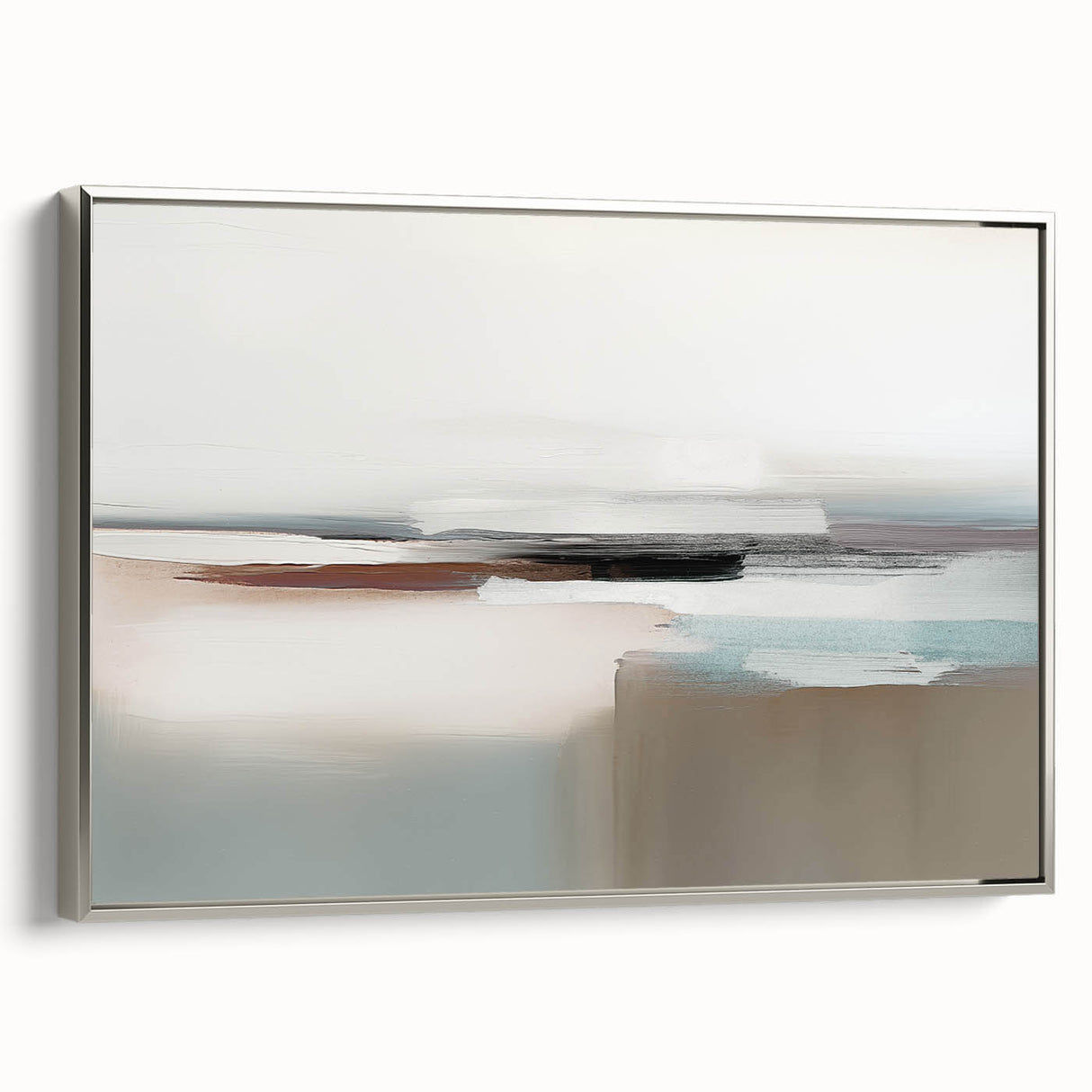 Framed wall art featuring an abstract design of strokes and lines in soft silver hues, showcasing a modern aesthetic ideal for contemporary home decor.