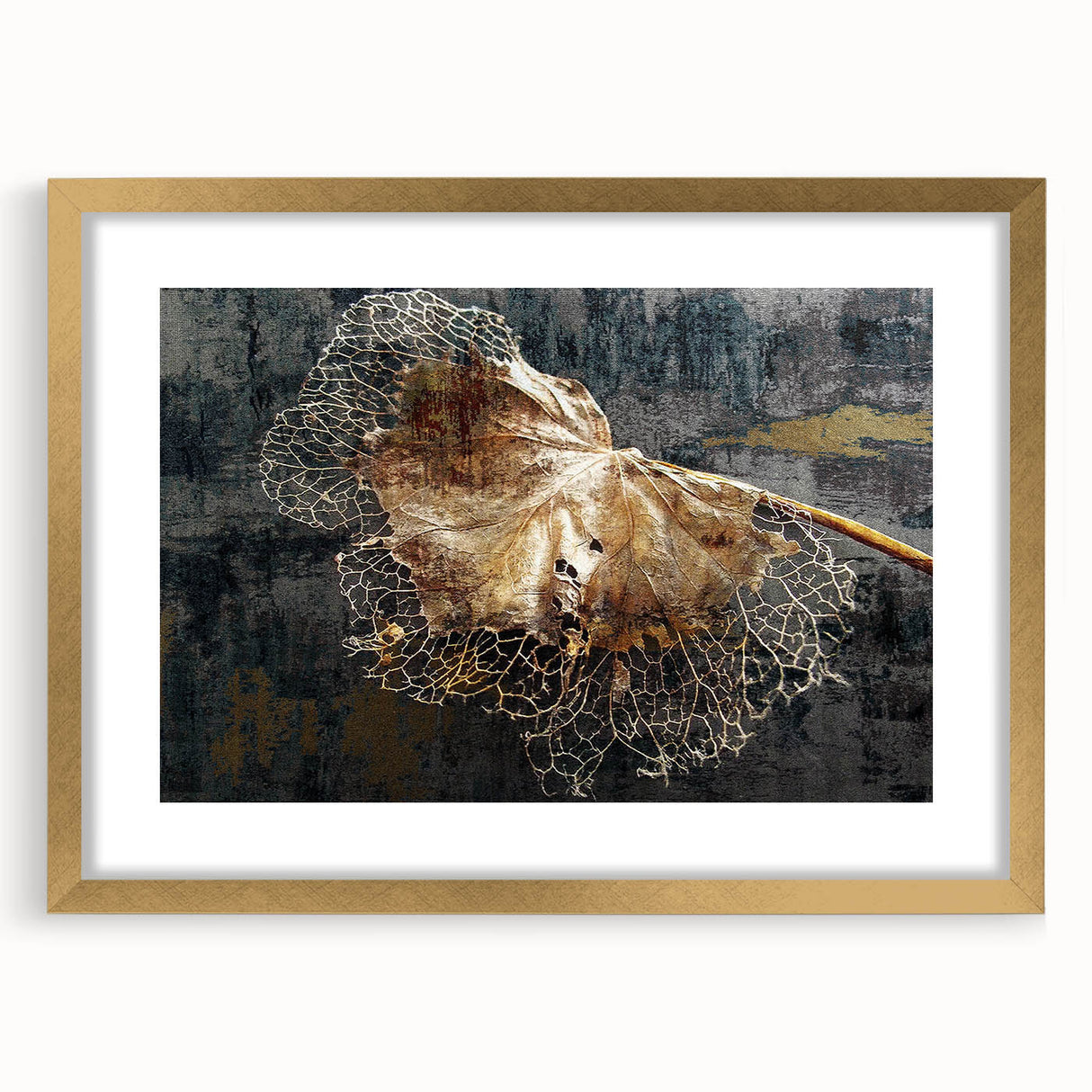 Abstract wall art featuring an elegant design of golden strokes and lines within a sleek frame, perfect for modern decor. Ideal for enhancing any living space or office ambiance.