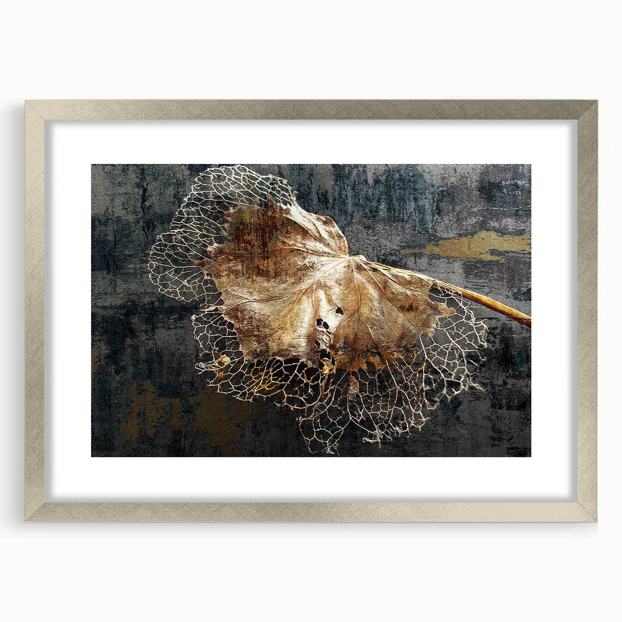 Abstract wall art featuring dynamic strokes and lines in a silver frame, showcasing a modern design ideal for contemporary interiors. The mat adds elegance, enhancing any room's decor.