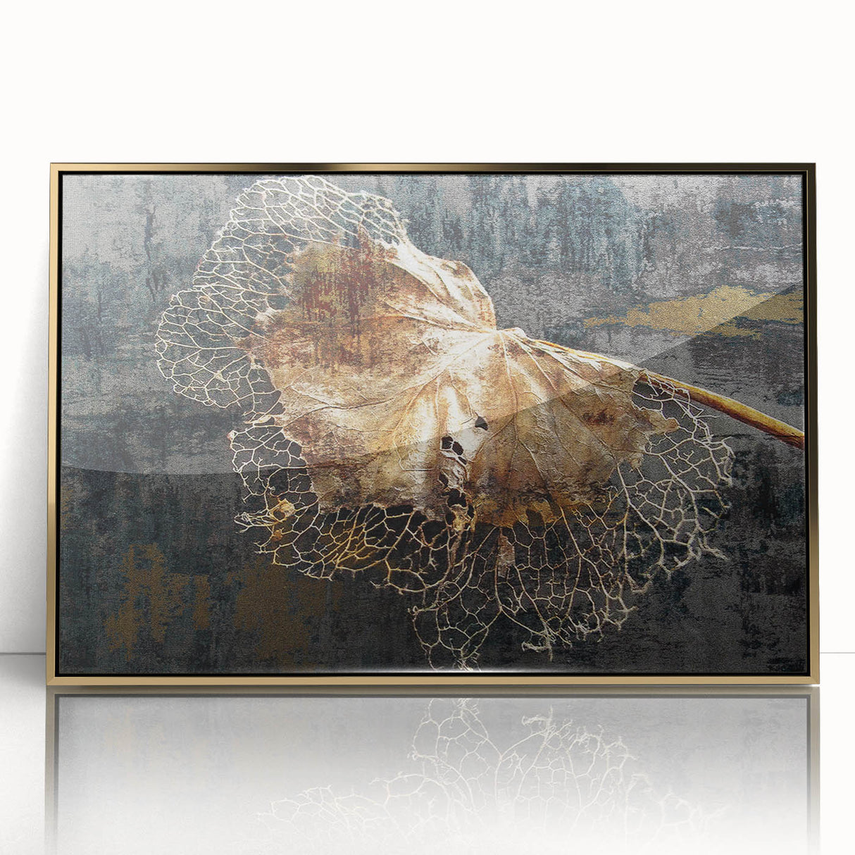 Framed abstract wall art featuring dynamic strokes and lines in gold and black colors, ideal for modern home decor, showcasing a chic artistic design.