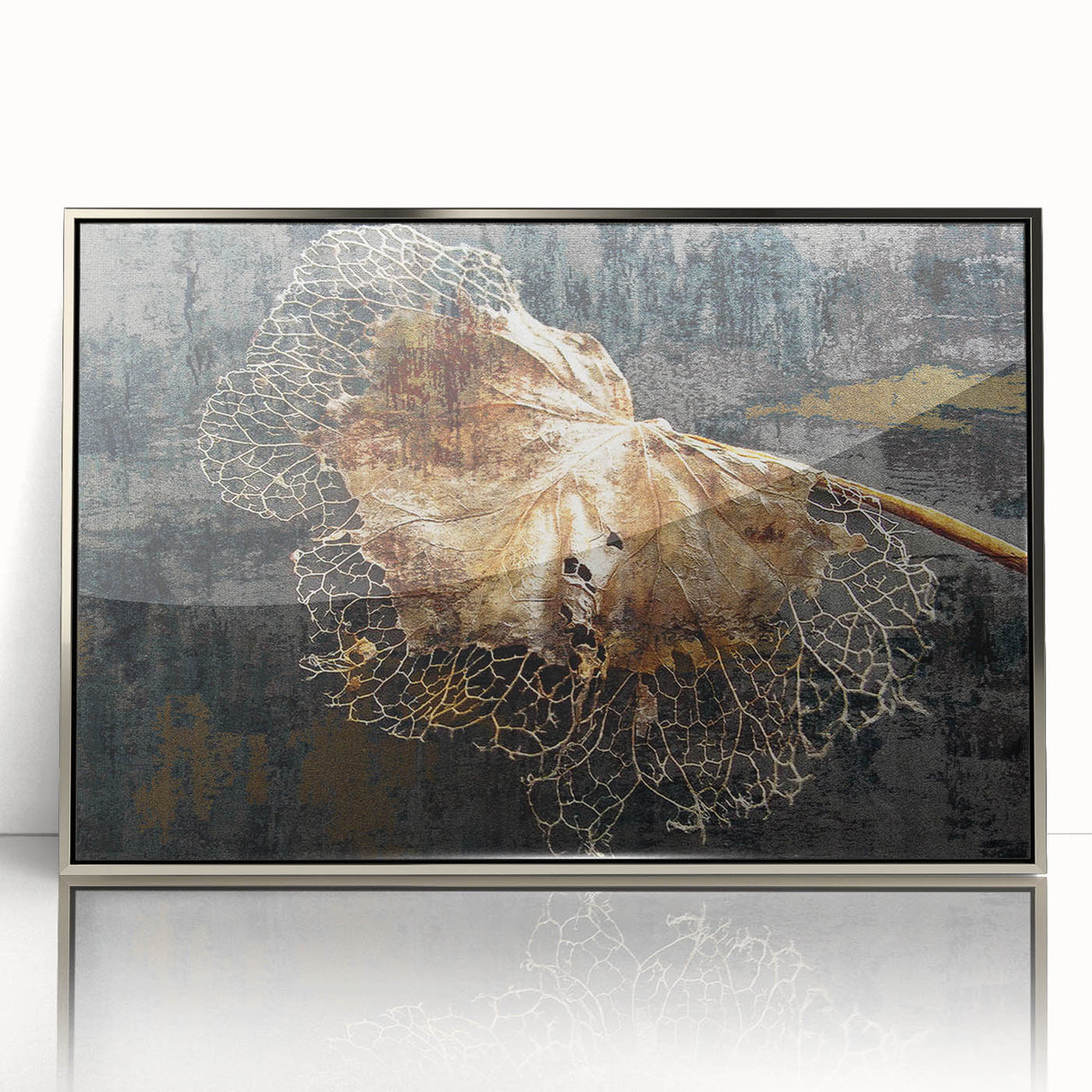 Framed wall art featuring an abstract design of colorful strokes and lines in silver and blue tones, perfect for modern home decor. Showcases a sleek, contemporary aesthetic ideal for enhancing any living space.