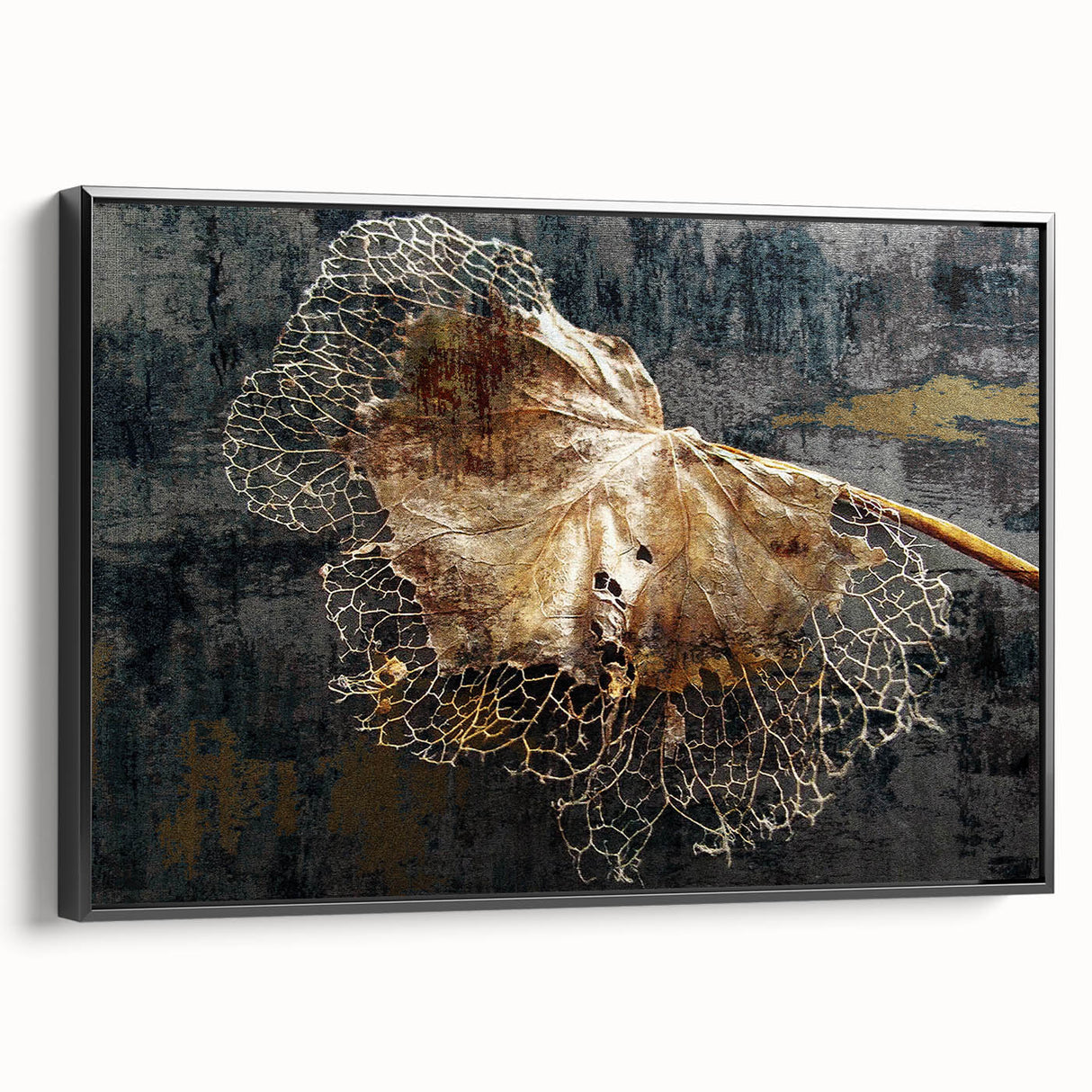 Framed canvas wall art showcasing an abstract design of colorful strokes and lines, featuring a black frame and a side view, perfect for modern decor.