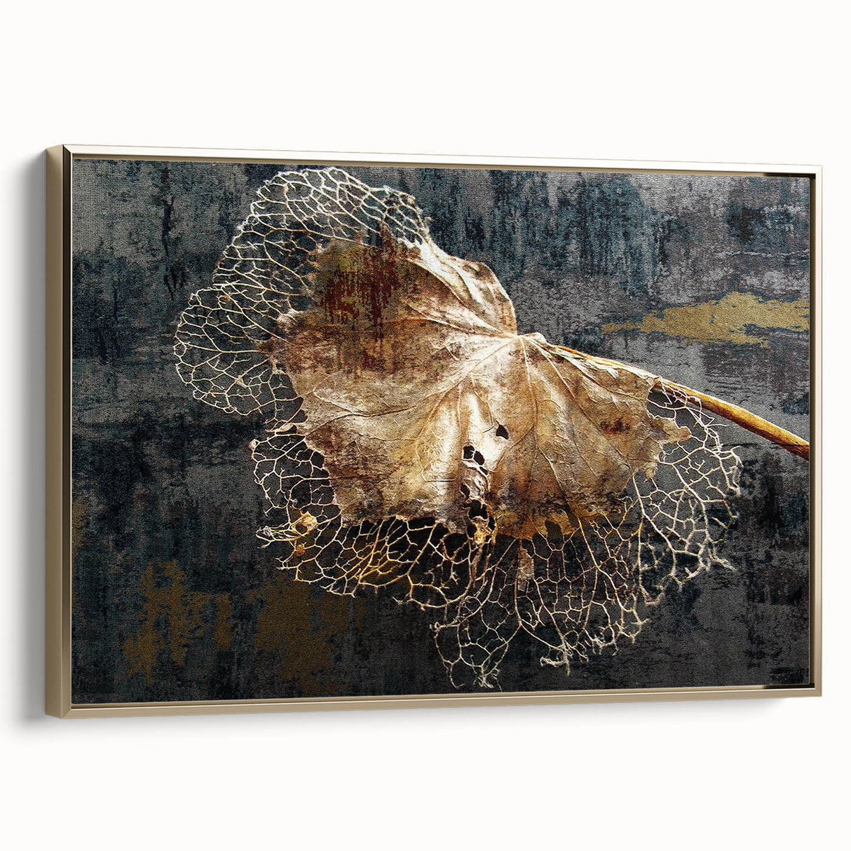 Framed canvas wall art featuring an abstract design of gold strokes and lines, showcasing a modern aesthetic ideal for contemporary home decor. The piece adds elegance with its rich colors and sleek finish, perfect for enhancing living spaces or offices.