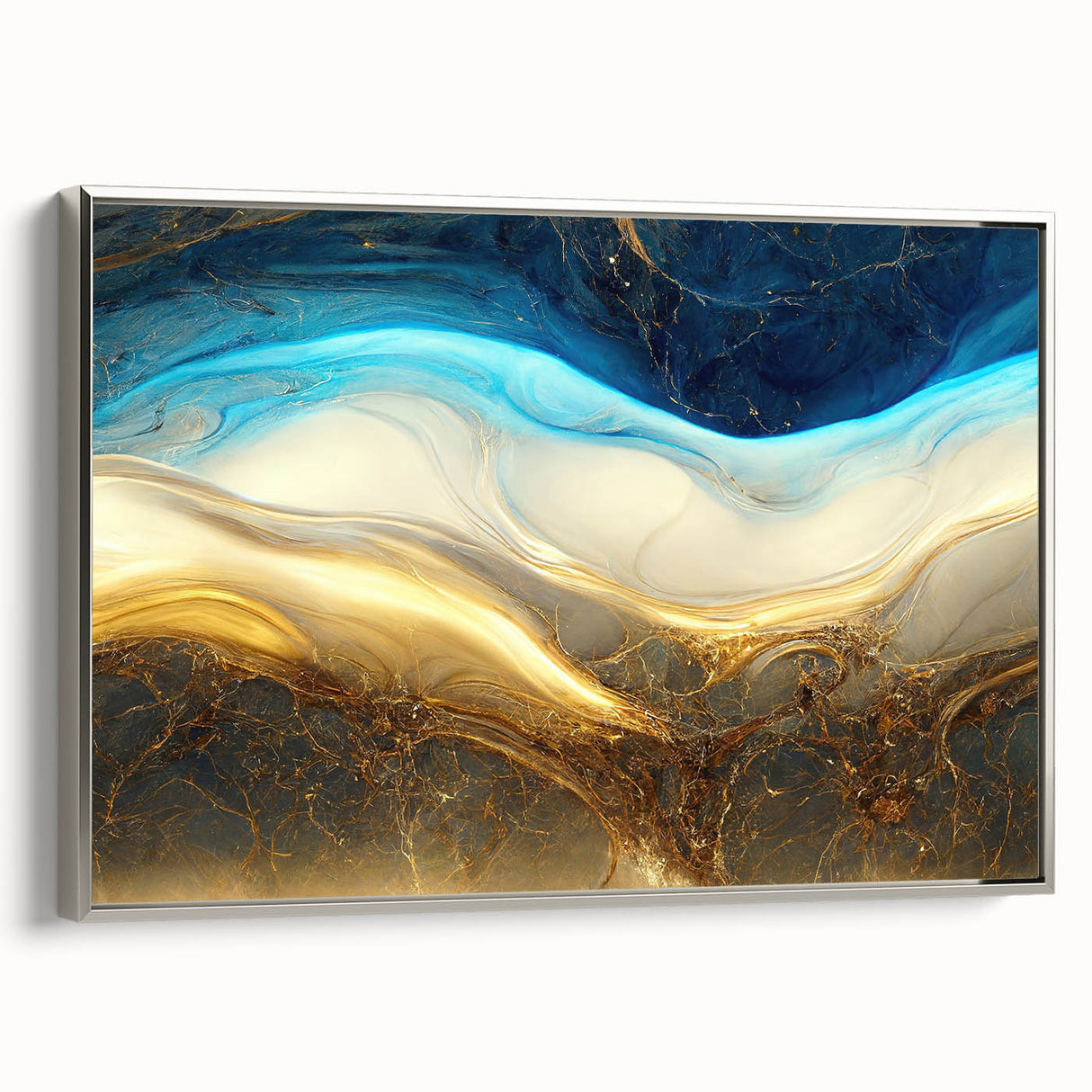 Framed abstract wall art featuring vibrant strokes and lines in a silver frame, showcasing modern artistic design ideal for contemporary decor.