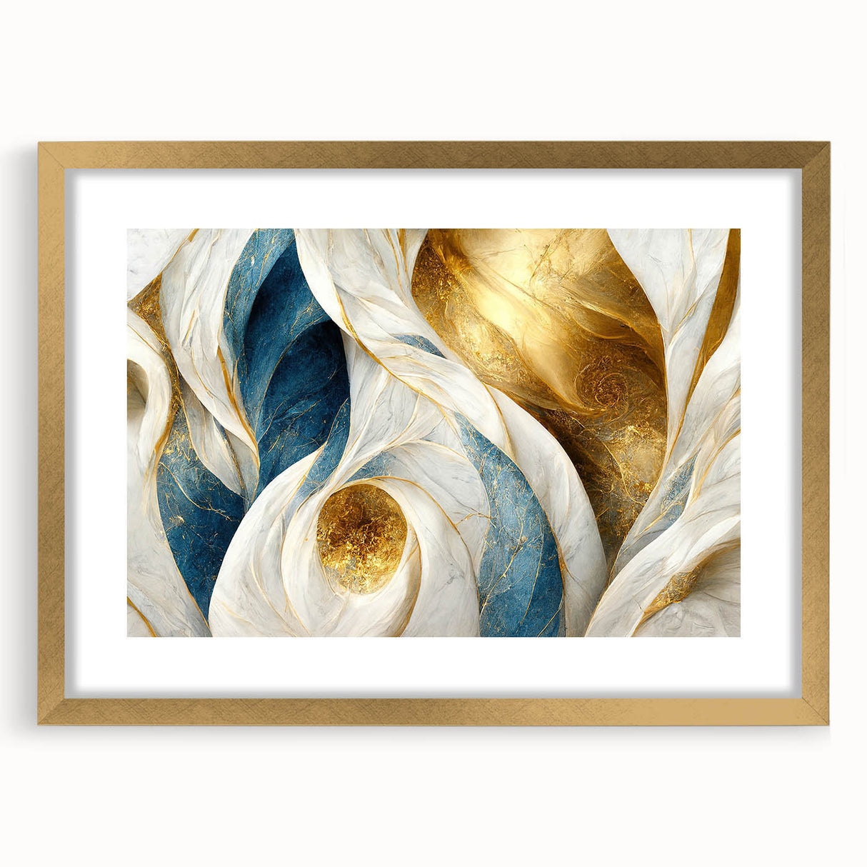 Abstract strokes and lines design wall art in a gold frame with a mat, showcasing modern artistic style and elegant color contrast.