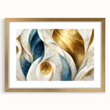 Abstract strokes and lines design wall art in a gold frame with a mat, showcasing modern artistic style and elegant color contrast.