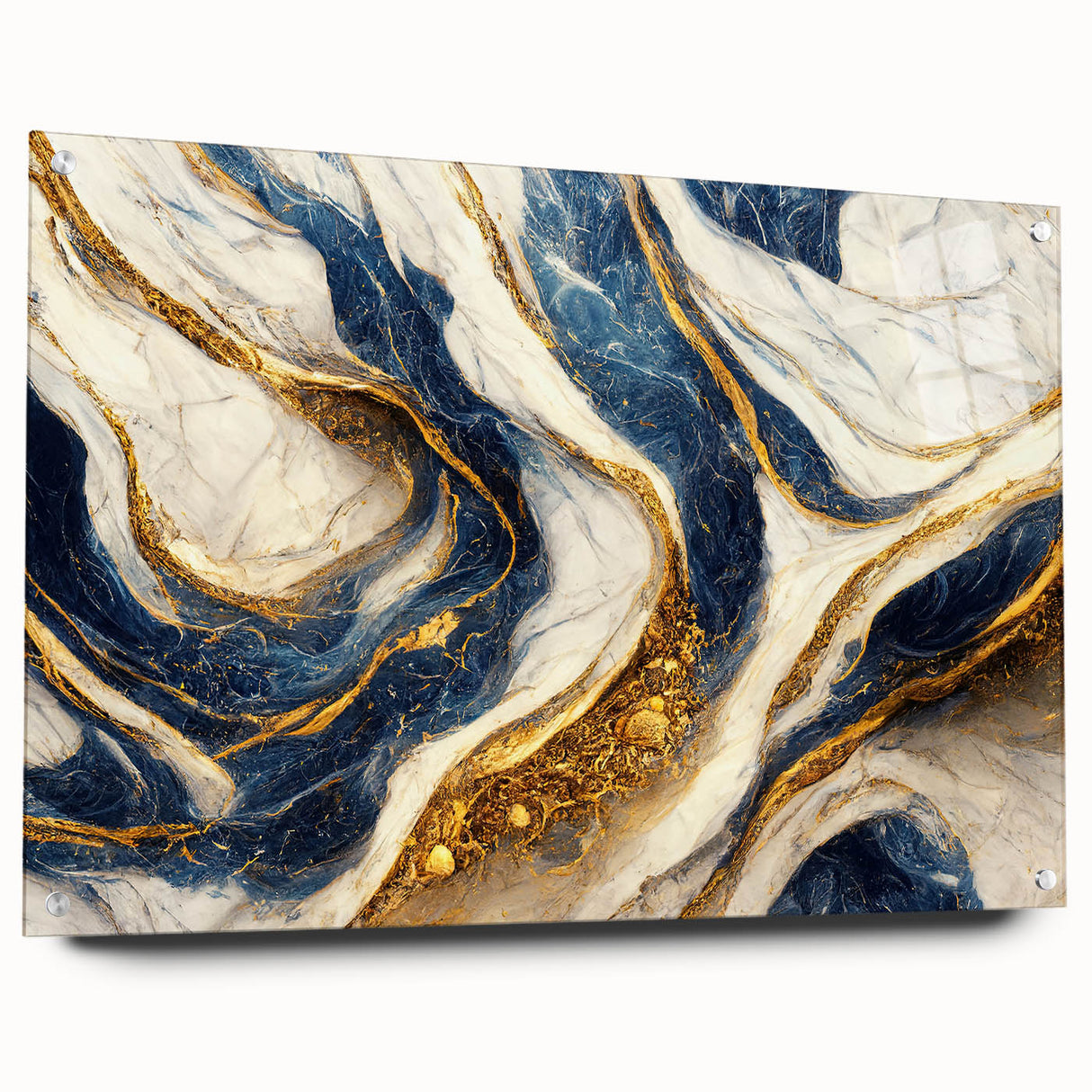 Abstract wall art design showcasing vibrant strokes and lines in a modern acrylic glass frame, featuring an elegant side view with polished pins.