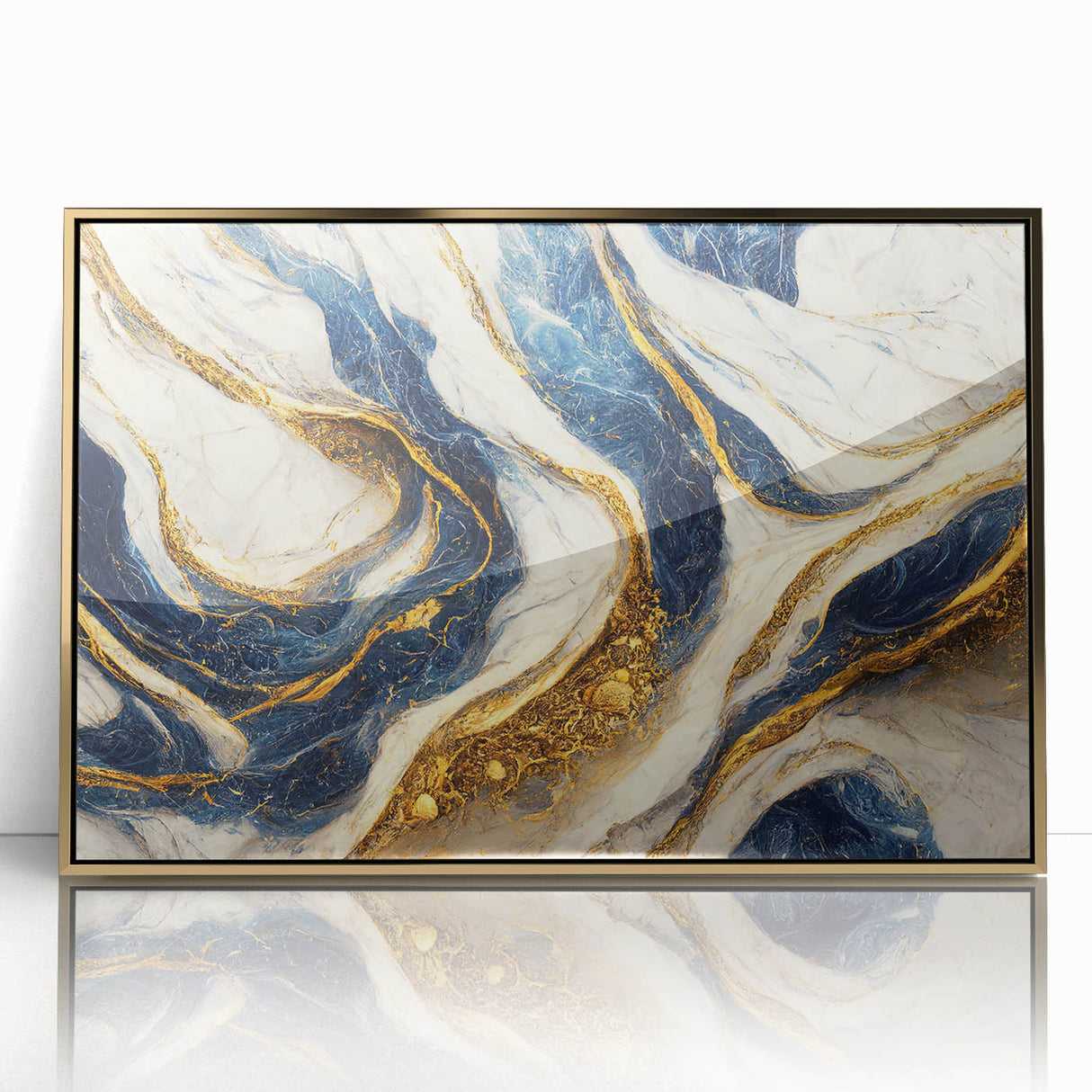 Framed abstract wall art featuring elegant gold strokes and lines on a white background, perfect for modern decor and enhancing interior spaces.