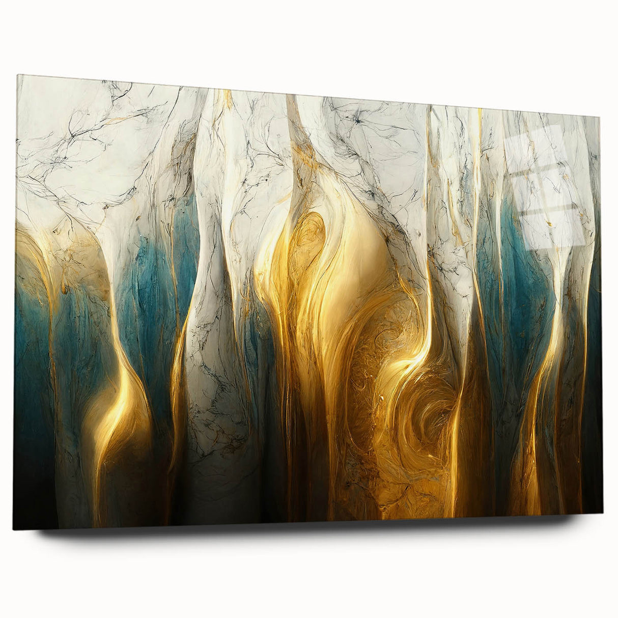 Abstract strokes and lines design on acrylic glass wall art collection, showcasing vibrant colors and modern aesthetic from a side view.