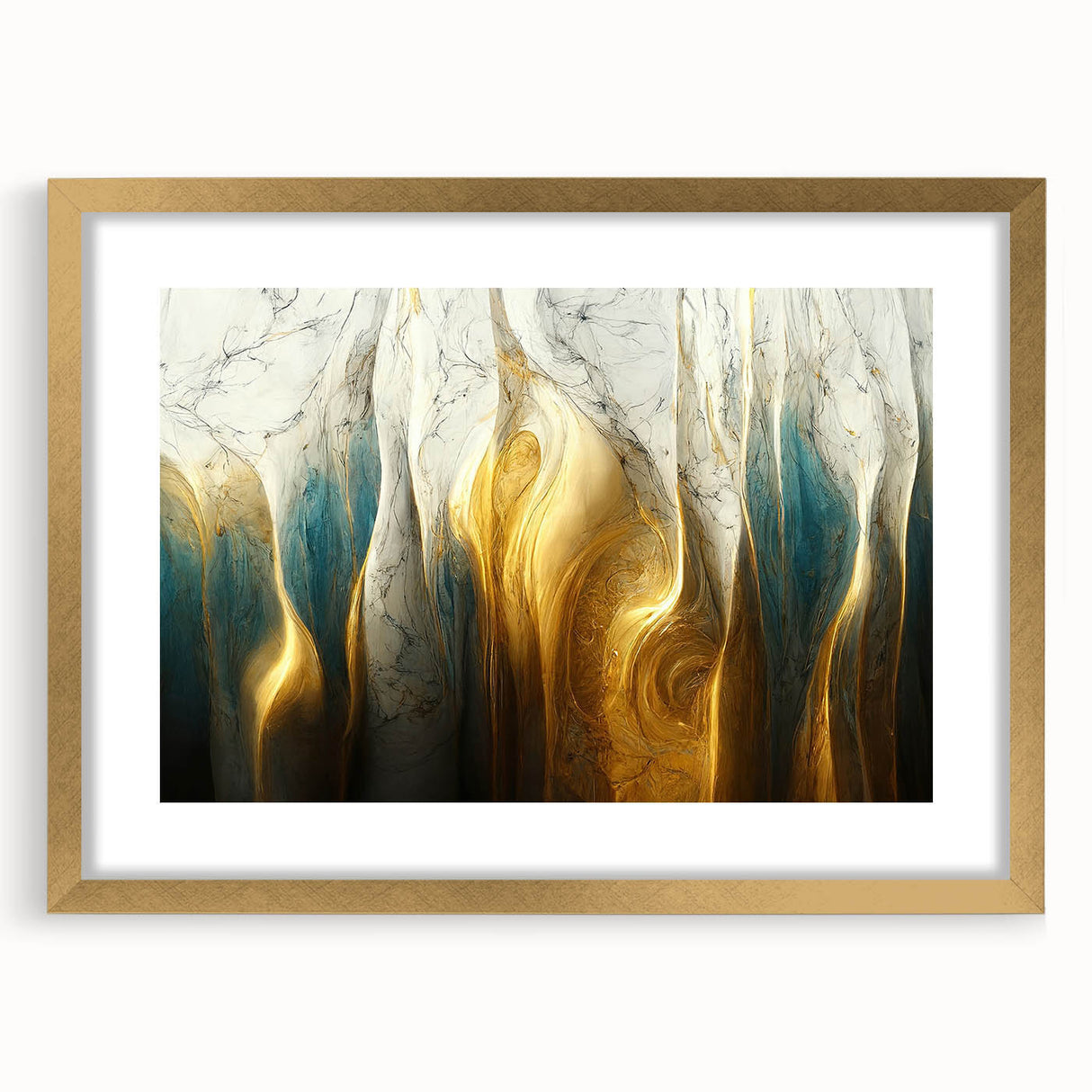Framed abstract wall art featuring strokes and lines in gold and neutral tones, enhancing modern decor with a stylish mat finish.