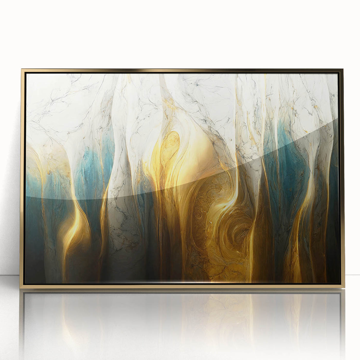 Framed wall art featuring an abstract strokes and lines design in gold and black, showcasing a modern aesthetic perfect for home decor.