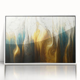 Framed wall art displaying an abstract design with colorful strokes and lines, featuring a sleek white frame, perfect for modern decor.