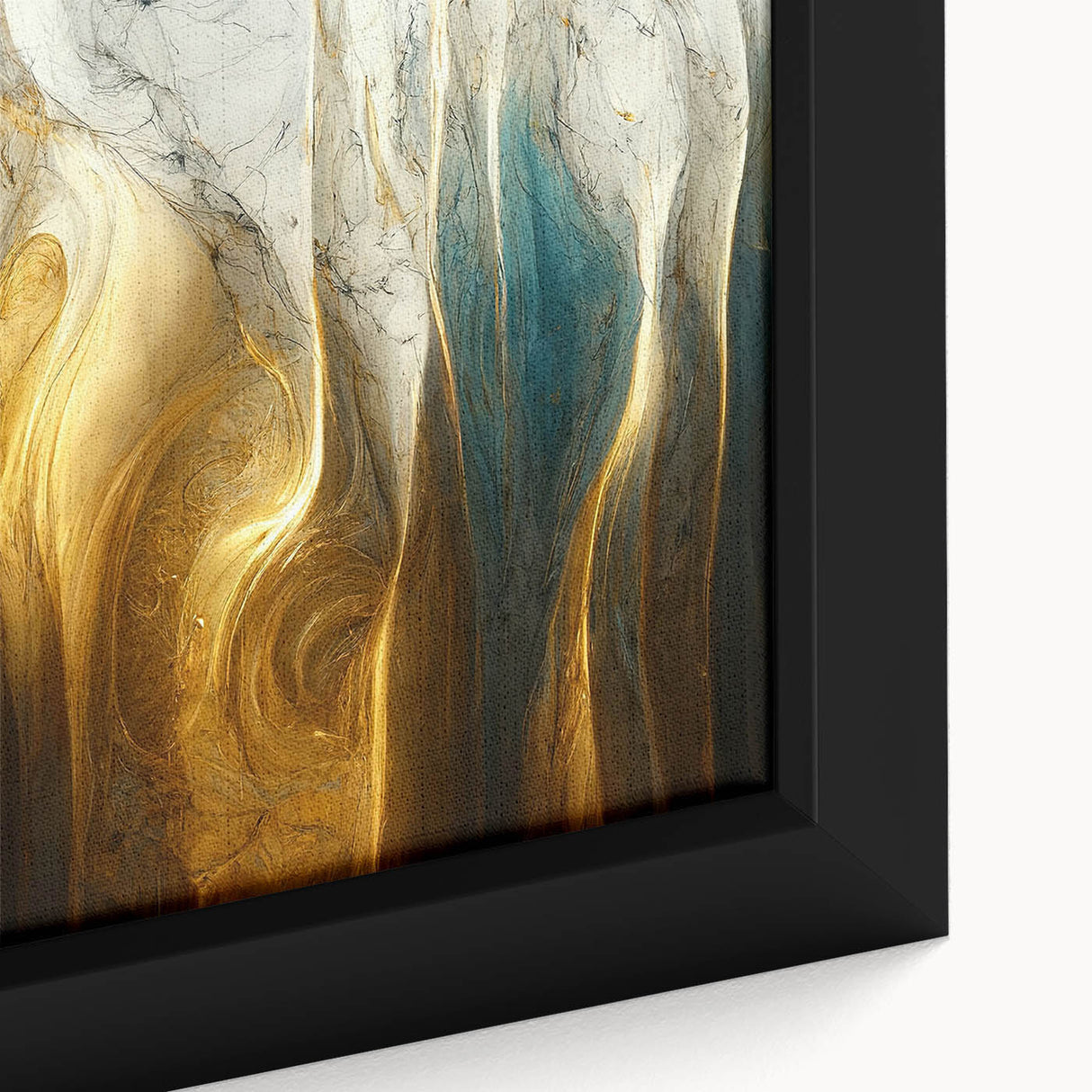 Close-up of framed abstract wall art featuring dynamic strokes and lines in vibrant colors, perfect for modern home decor.