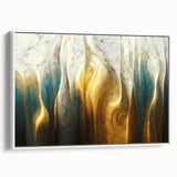 Framed wall art showcasing an abstract design of colorful strokes and lines on a white background, adding modern elegance to any space.
