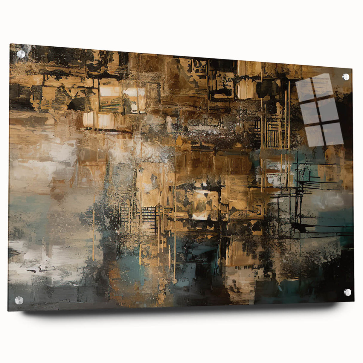 Abstract wall art print showcasing colorful strokes and lines on acrylic glass, displayed with pins against a neutral background, perfect for modern decor.