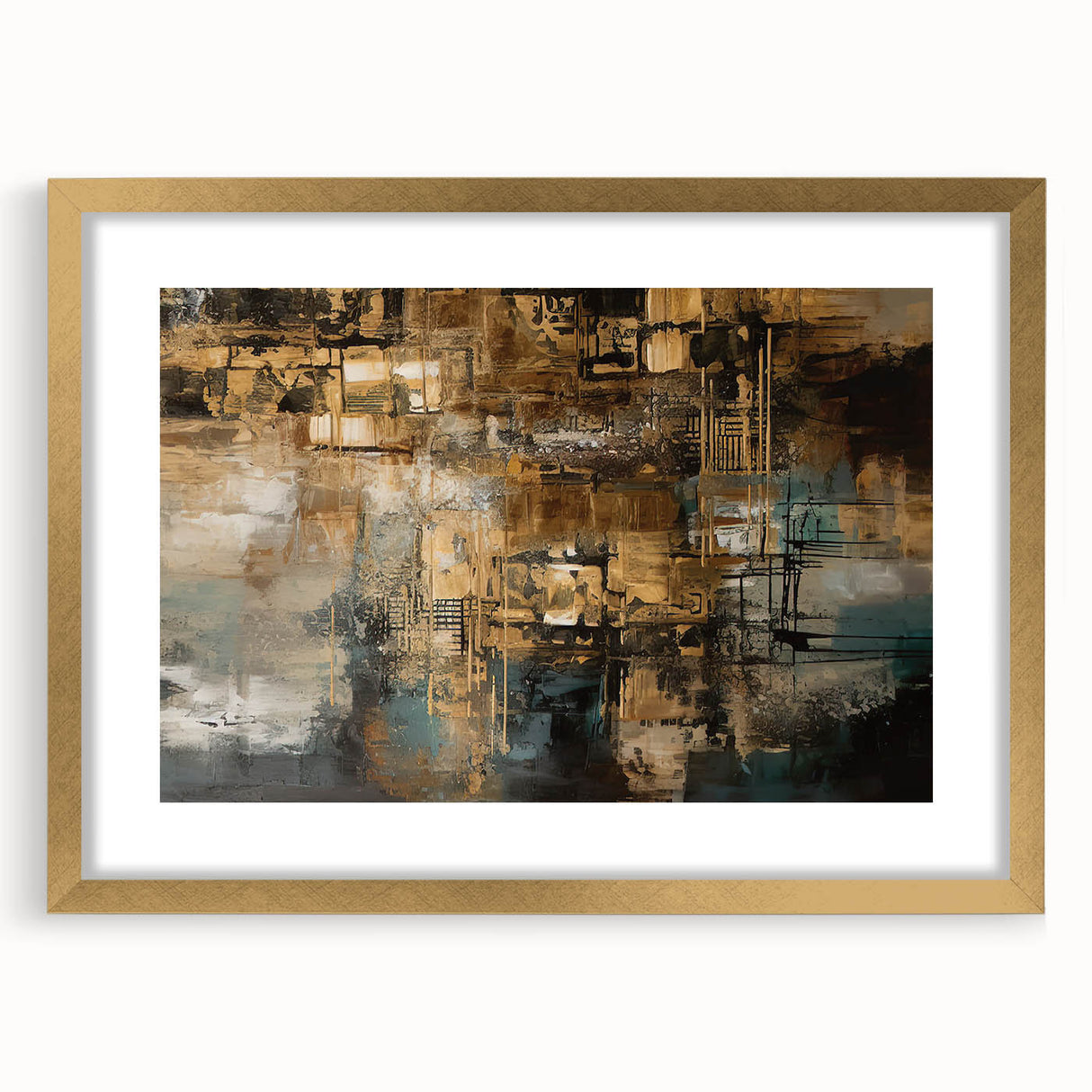 Abstract wall art featuring a collection of gold and black strokes and lines, elegantly framed with a mat, perfect for modern decor.