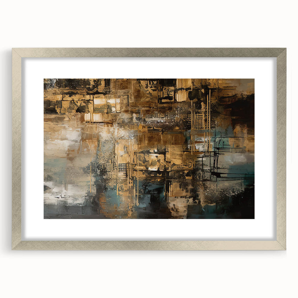 Abstract wall art featuring dynamic strokes and lines in a sleek silver frame with matting, perfect for modern home decor.