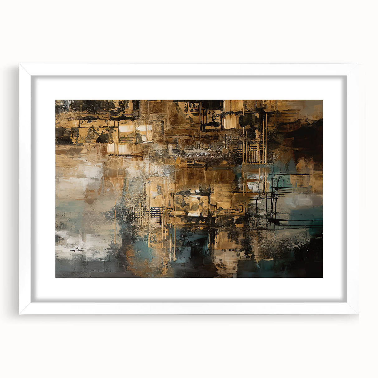Abstract wall art print featuring dynamic strokes and lines in earthy tones, framed elegantly with a white mat for a modern touch.