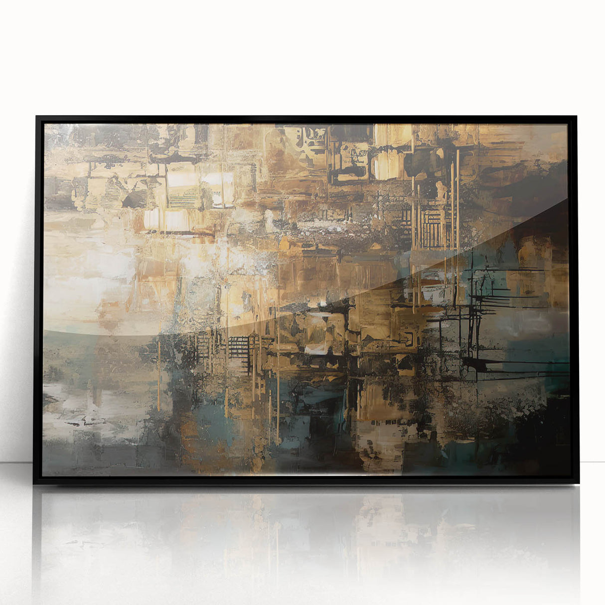 Framed abstract wall art featuring colorful strokes and lines in vibrant hues, set in a sleek black frame, perfect for modern decor.