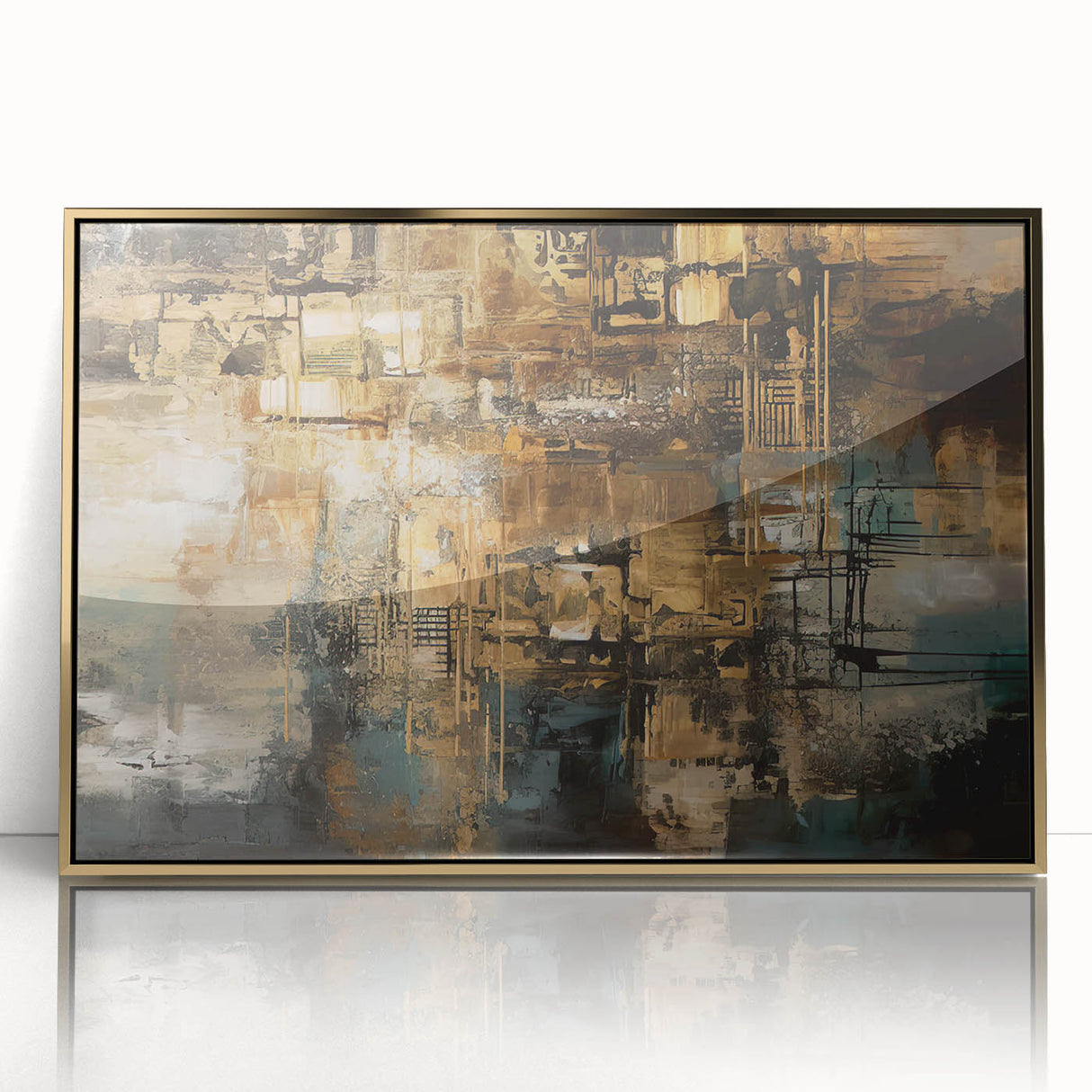 Framed wall art featuring an abstract design of strokes and lines in gold and white, adding modern elegance to any space.