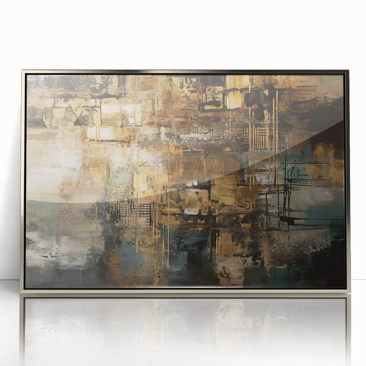 Framed wall art showcasing an abstract design with silver strokes and lines, enhancing modern decor with its sleek acrylic finish.
